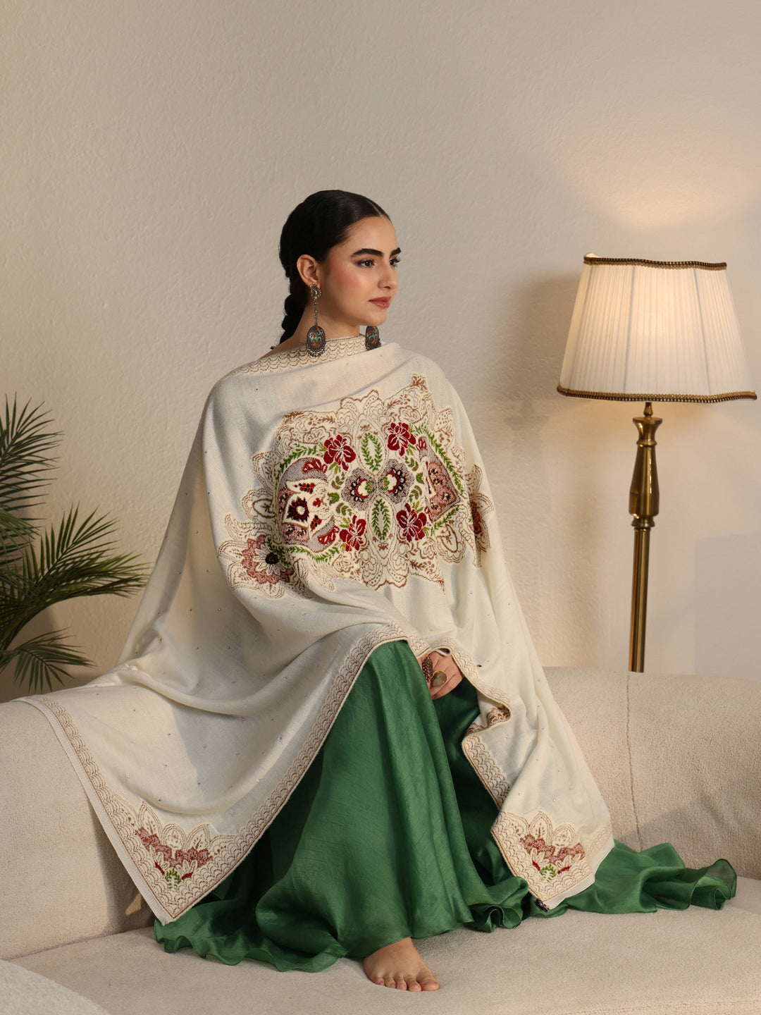 Libas White Floral Knitted Acrylic Wrap Shawl