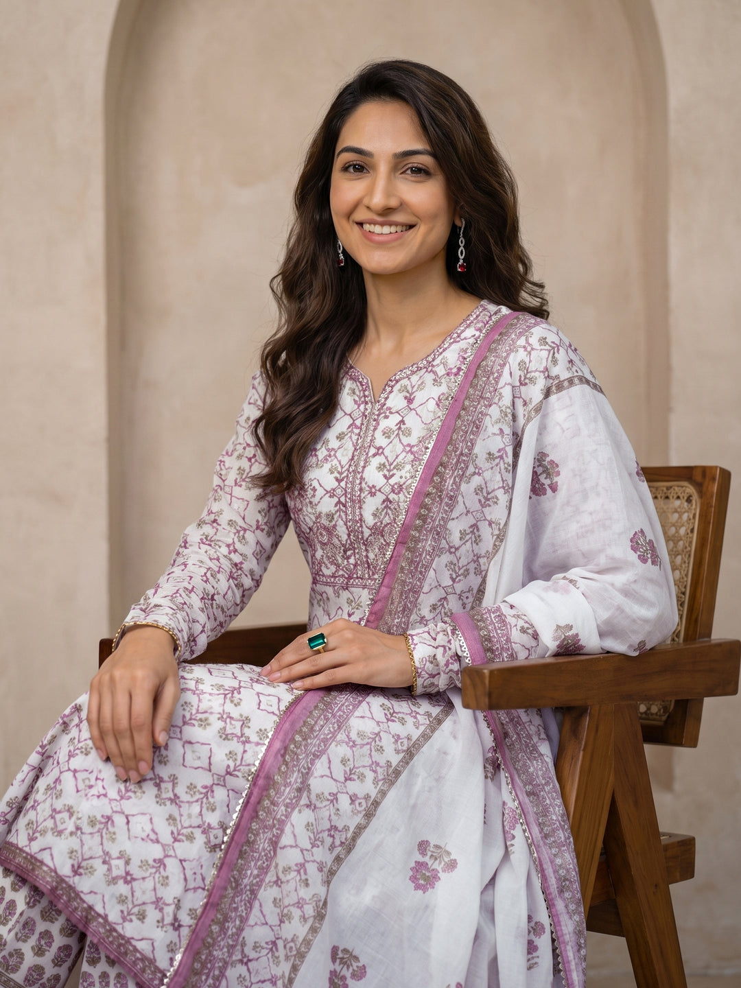 Libas White Floral Printed Cotton A-Line Suit Set