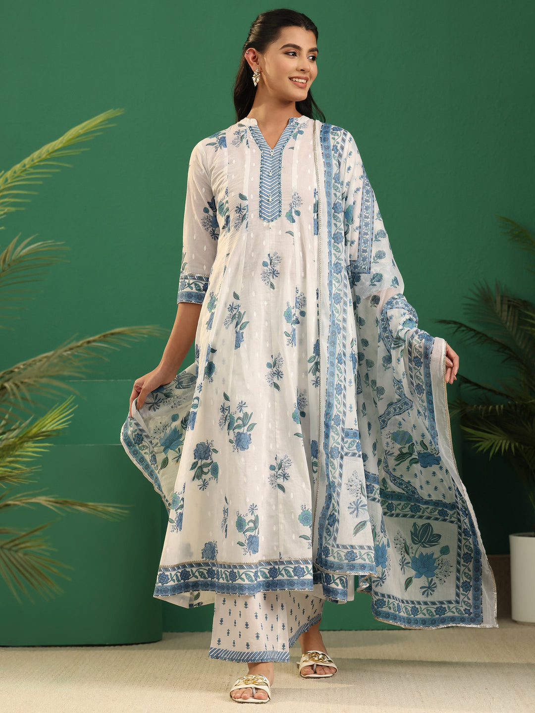Libas White Floral Printed Cotton Anarakali Suit Set