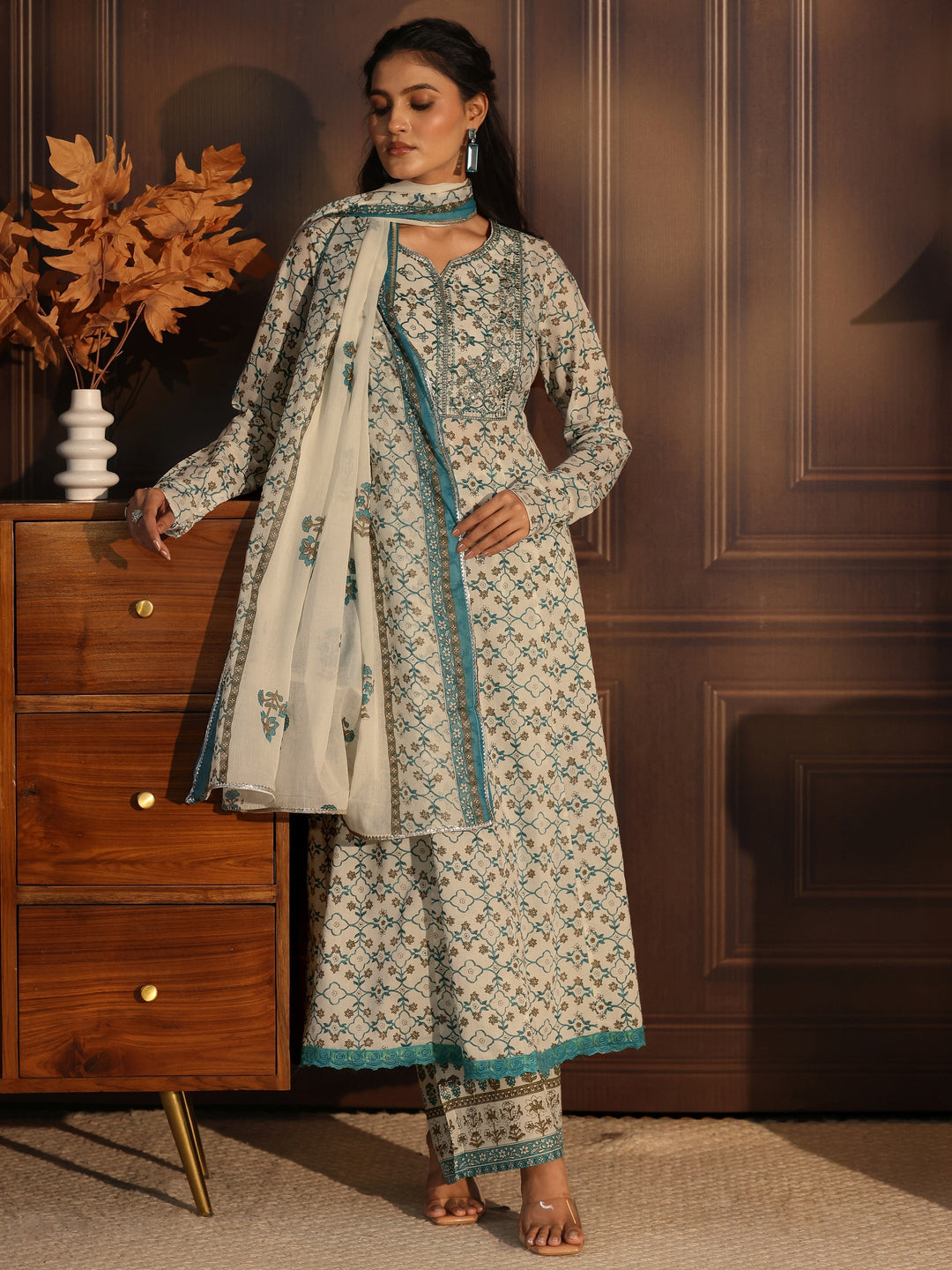 Libas White Floral Printed Cotton Anarkali Suit Set
