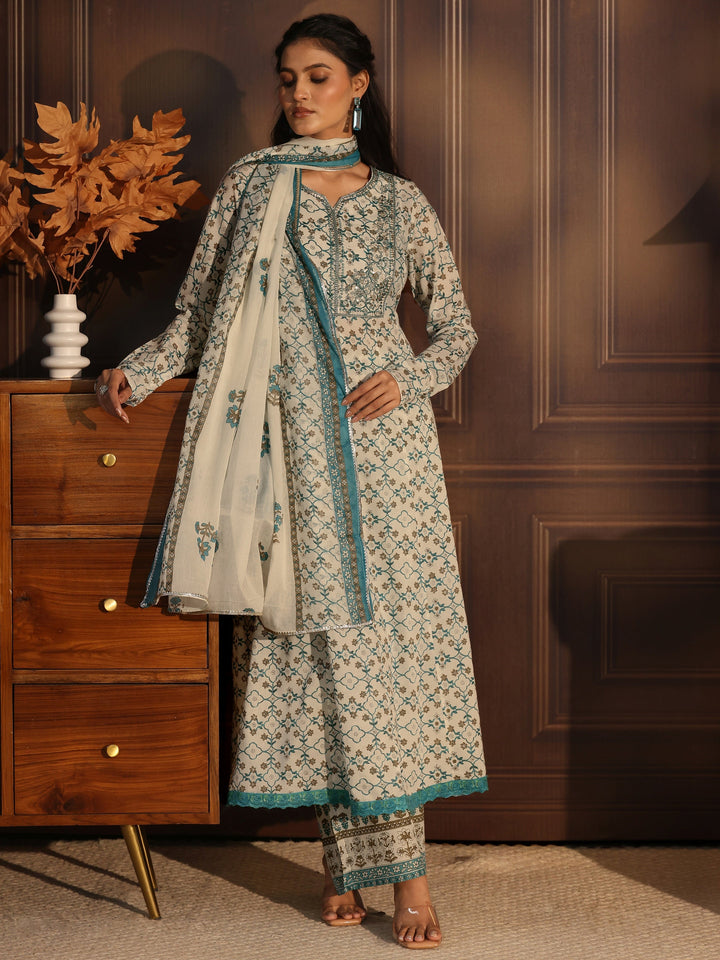 Libas White Floral Printed Cotton Anarkali Suit Set