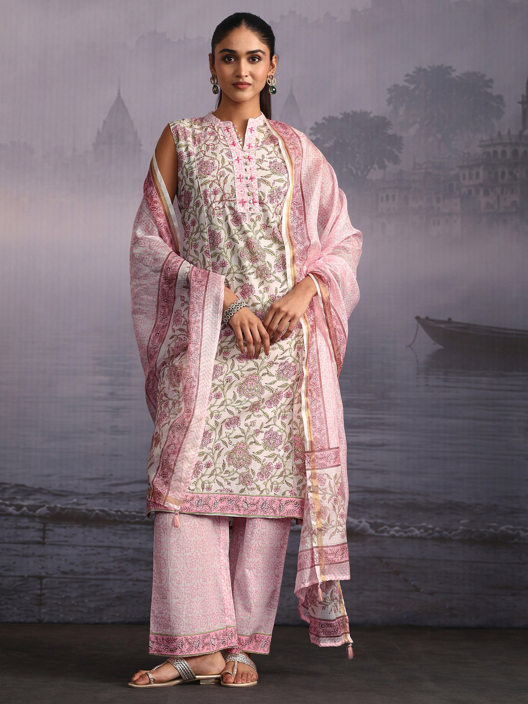 Libas White Floral Printed Sleeveless Cotton Palazzo Suit Set