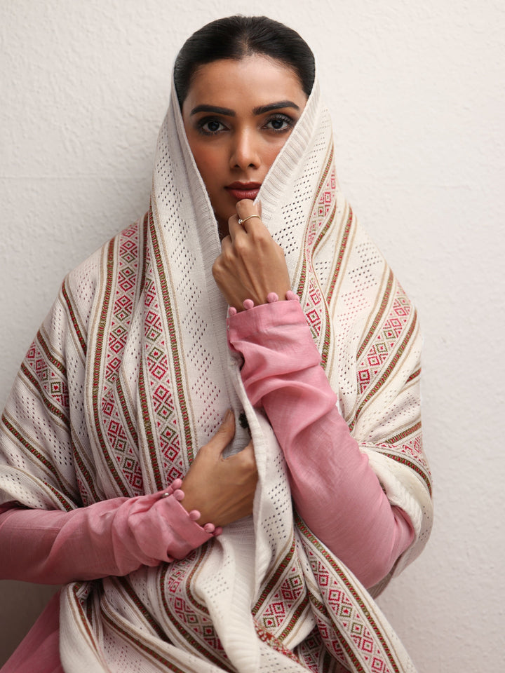 Libas White Striped Knitted Acrylic Wrap Shawl