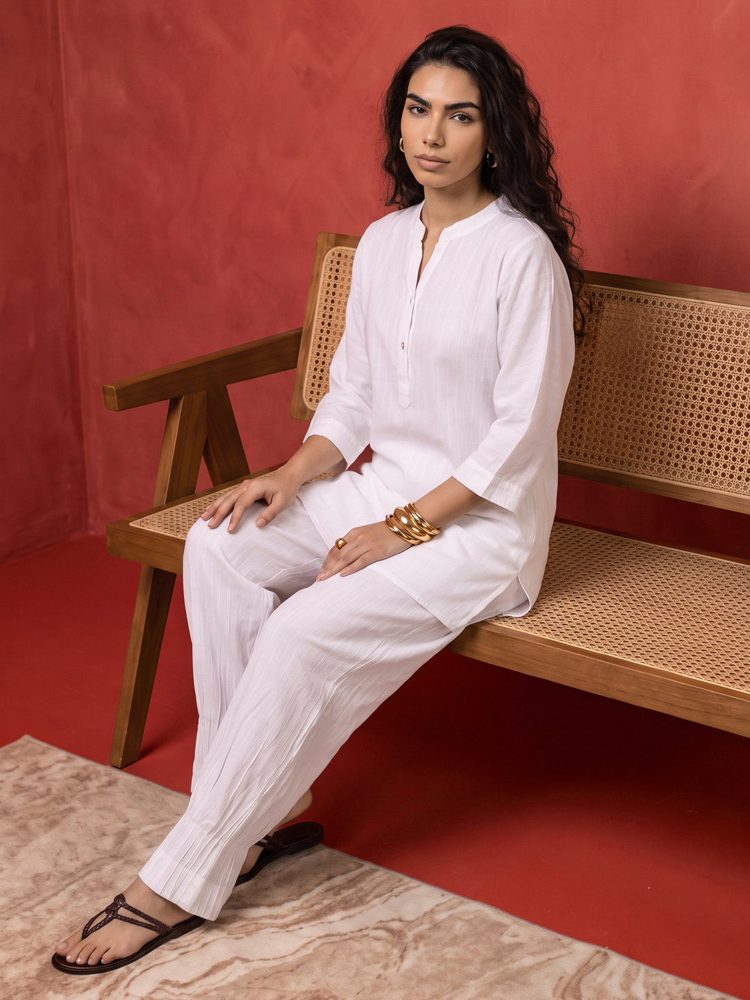 Libas White Striped Rayon Co-Ord Set
