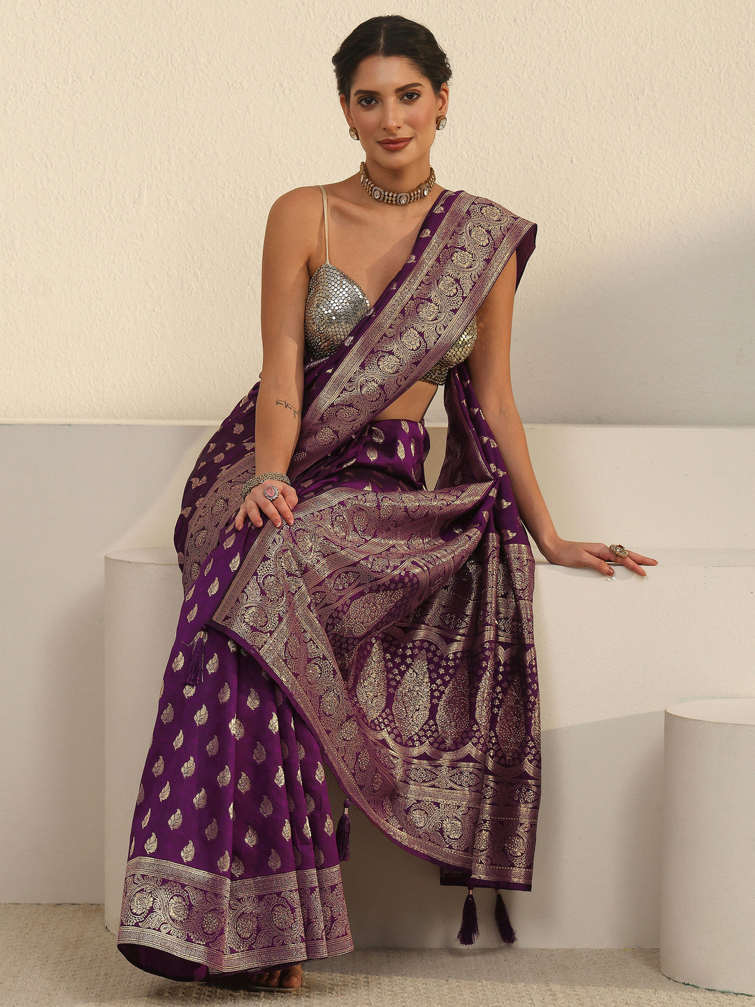 Libas Wine Banarasi Silk Blend Saree