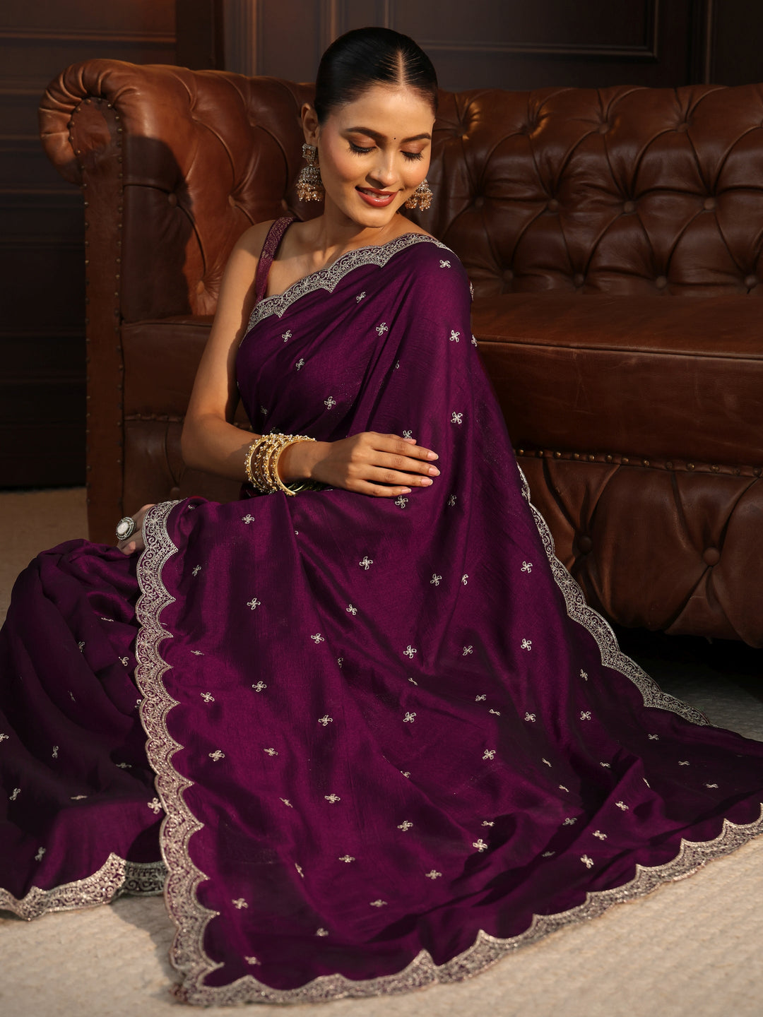 Libas Wine Embellished Scalloped Border Silk Blend Saree