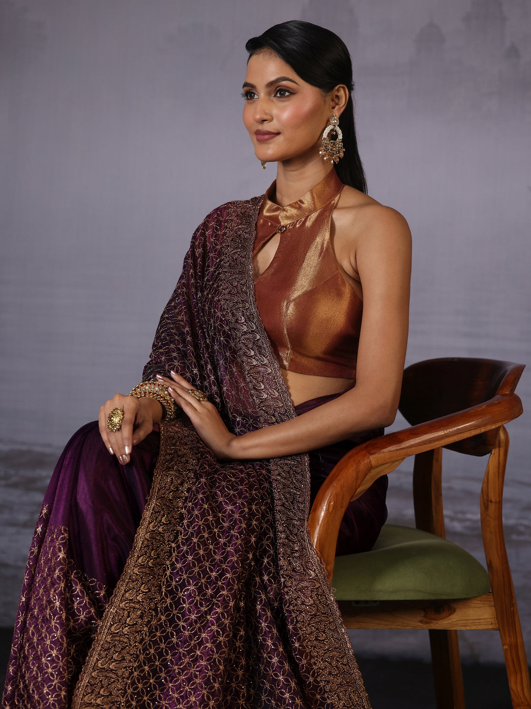 Libas Wine Embroidered Net Saree