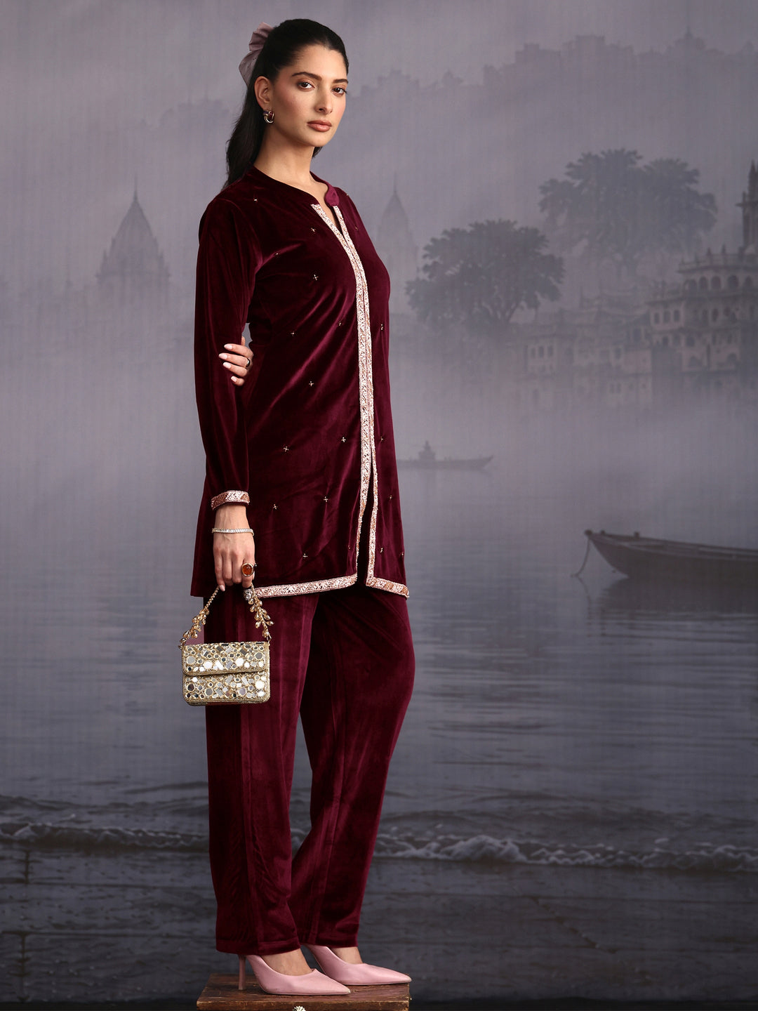 Libas Wine Embroidered Velvet Co-Ord Set