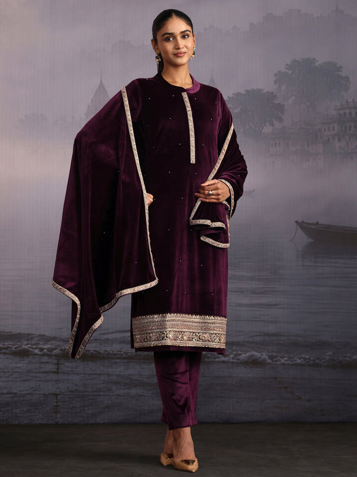 Libas Wine Embroidered Velvet Straight Suit Set
