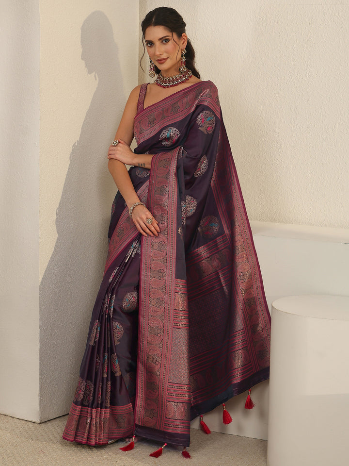 Libas Wine Ethnic Motif Woven Design Satin Saree