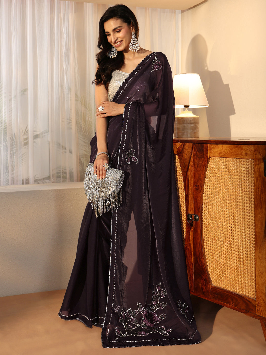 Libas Wine Floral Embellished Satin Saree