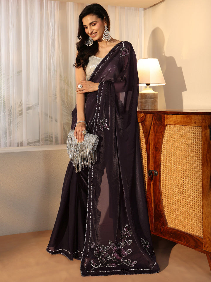 Libas Wine Floral Embellished Satin Saree