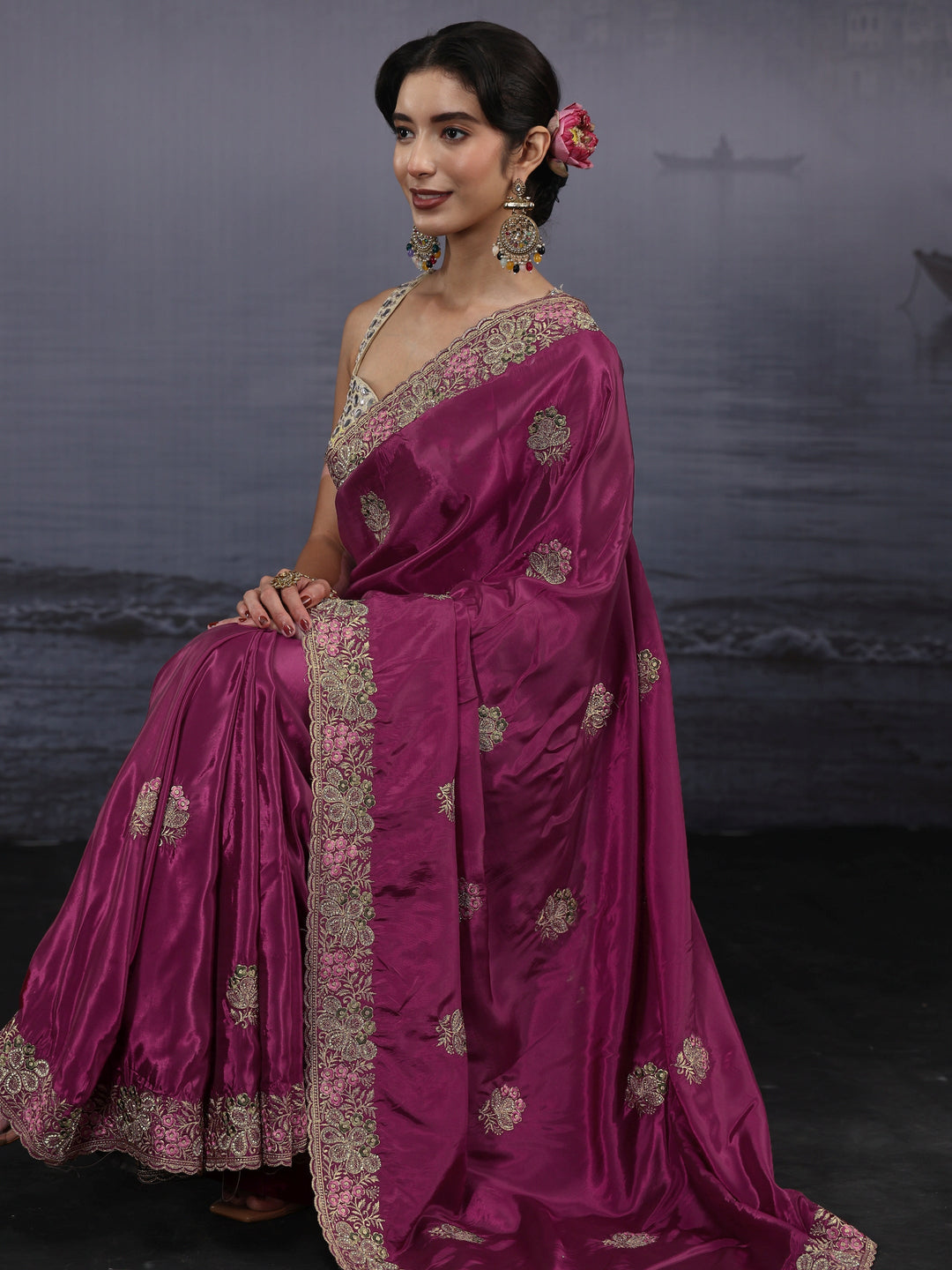 Libas Wine Floral Embroidered Satin Saree
