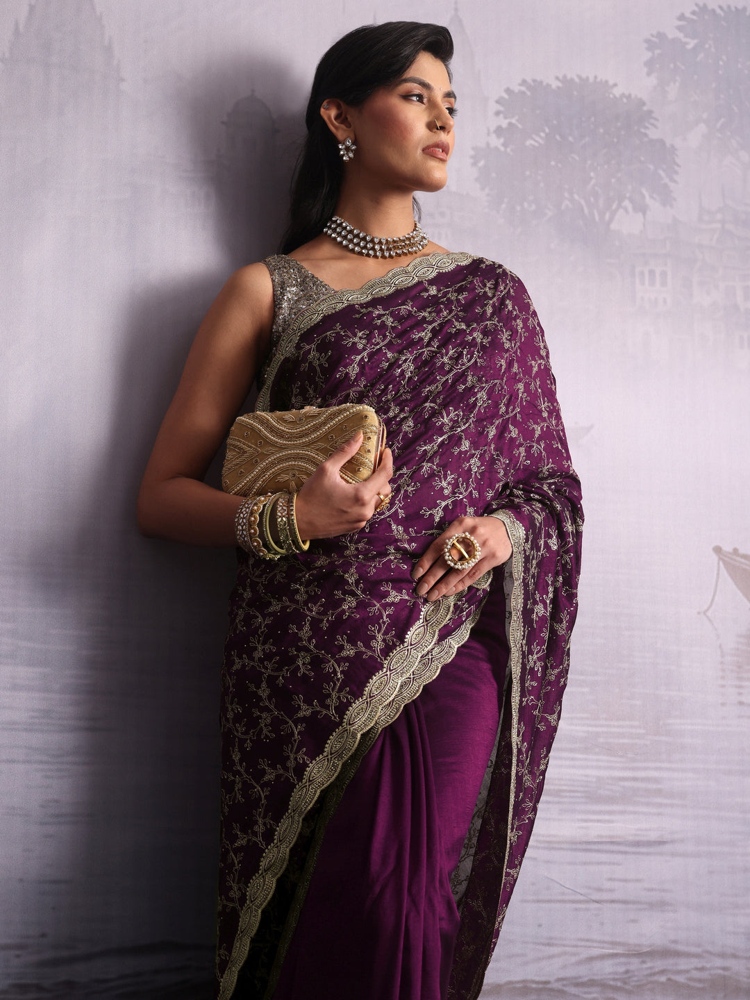 Libas Wine Floral Embroidered Silk Blend Saree