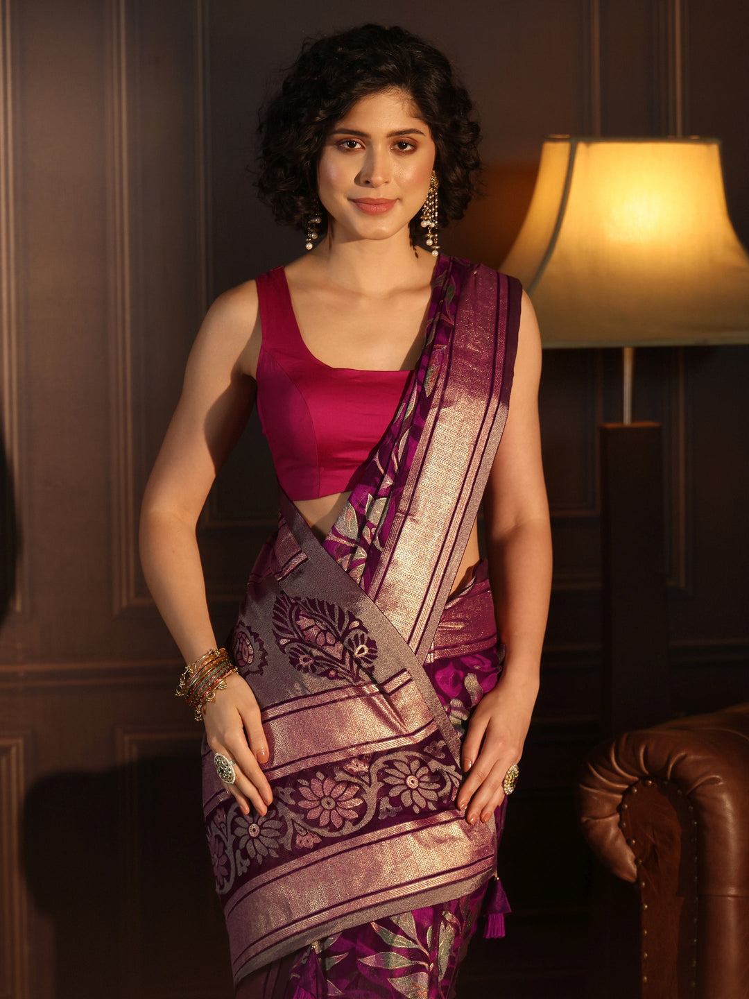 Libas Wine Floral Foil Printed Silk Blend Saree