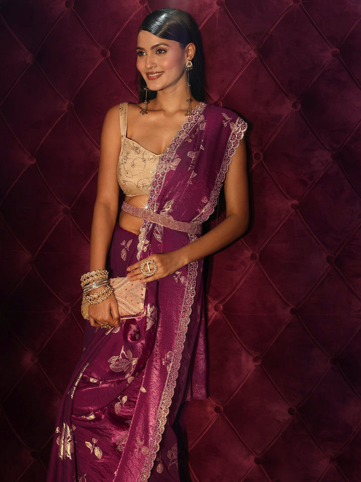 Libas Wine Floral Printed Tissue Saree with Embellished Scalloped Border