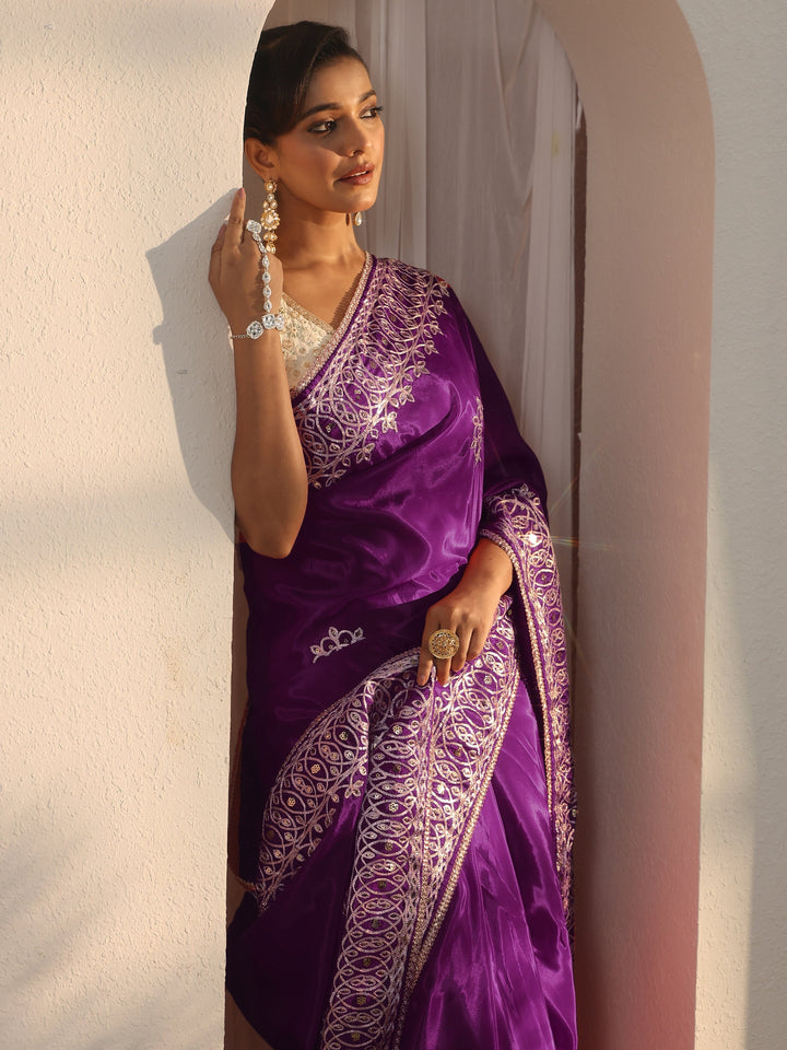 Libas Wine Floral Sequin Embellished Satin Saree