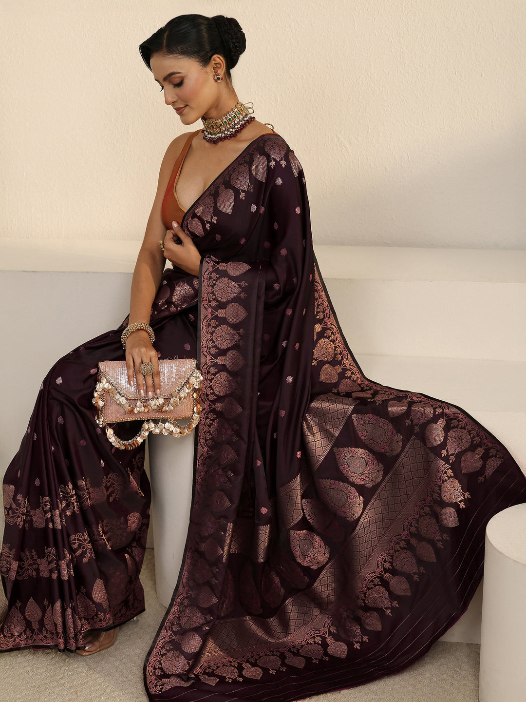 Libas Wine Floral Woven Design Satin Saree
