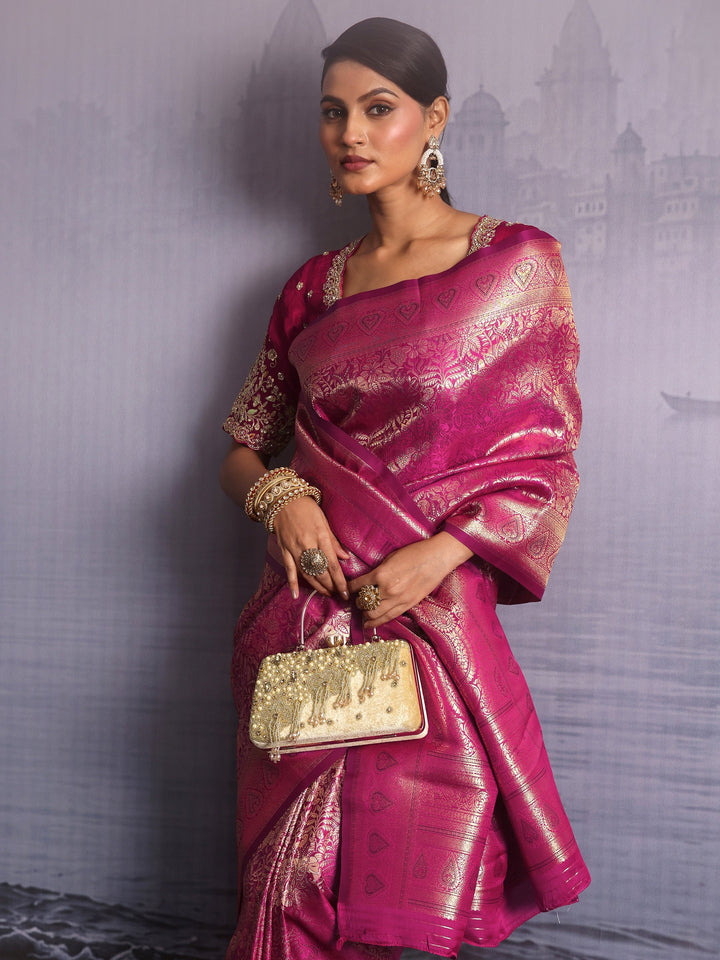 Libas Wine Floral Woven Design Satin Saree