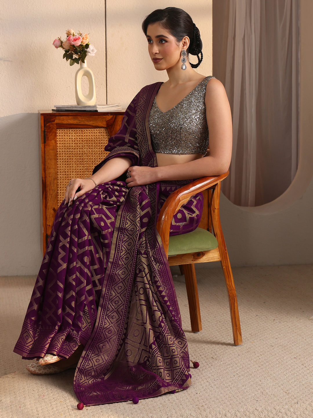 Libas Wine Geometric Woven Design Silk Blend Saree