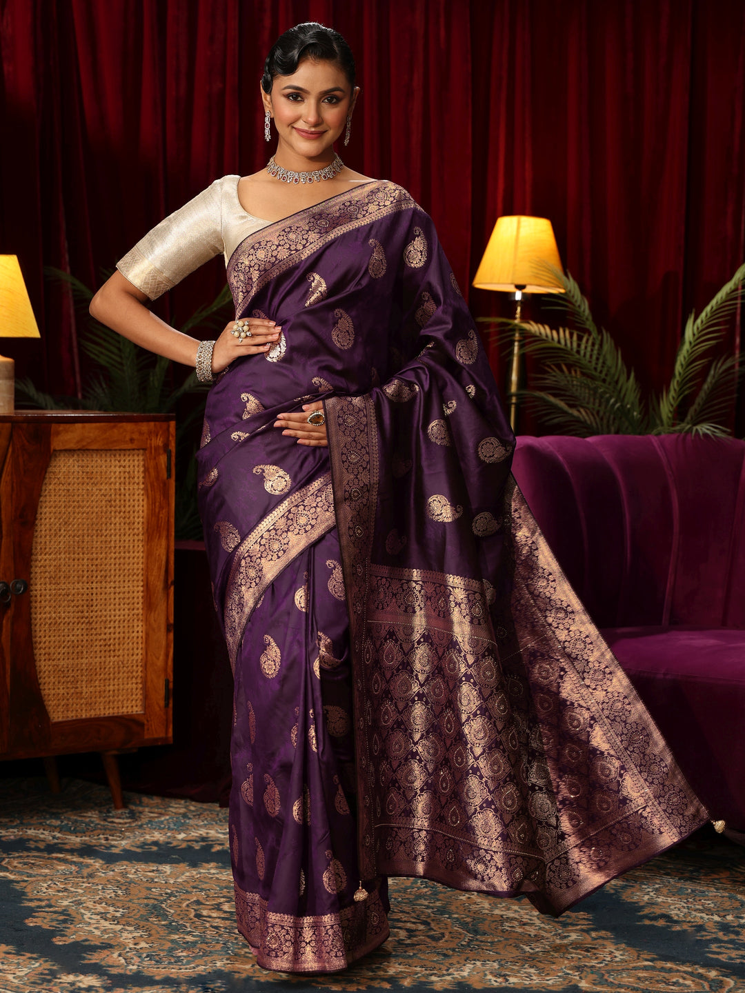 Libas Wine Paisley Woven Design Silk Blend Saree