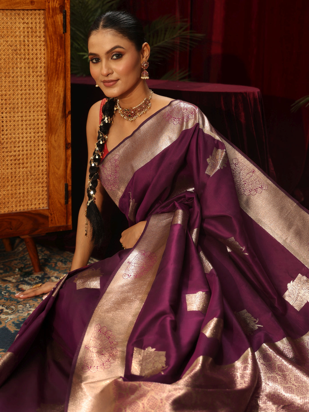 Libas Wine Peacock Woven Design Silk Blend Saree