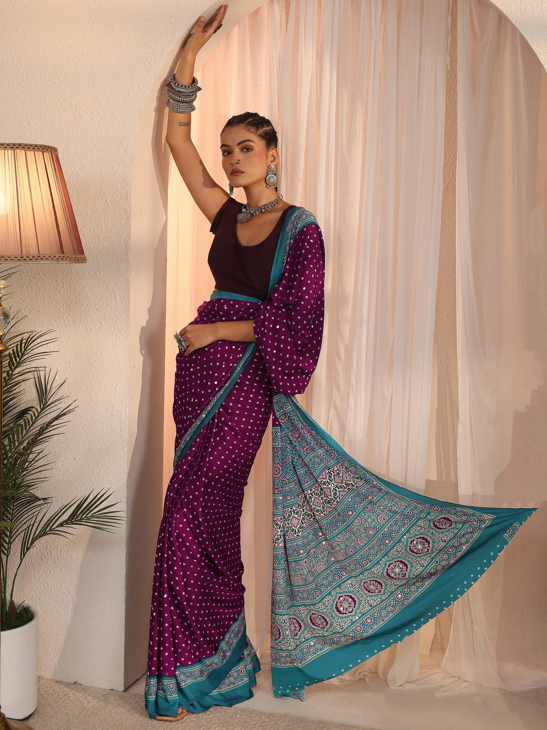 Libas Wine Printed Mirror Work Satin Saree