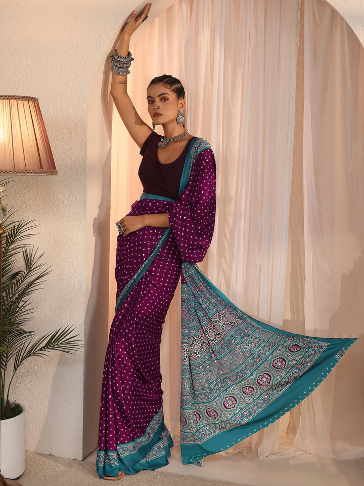 Libas Wine Printed Mirror Work Satin Saree