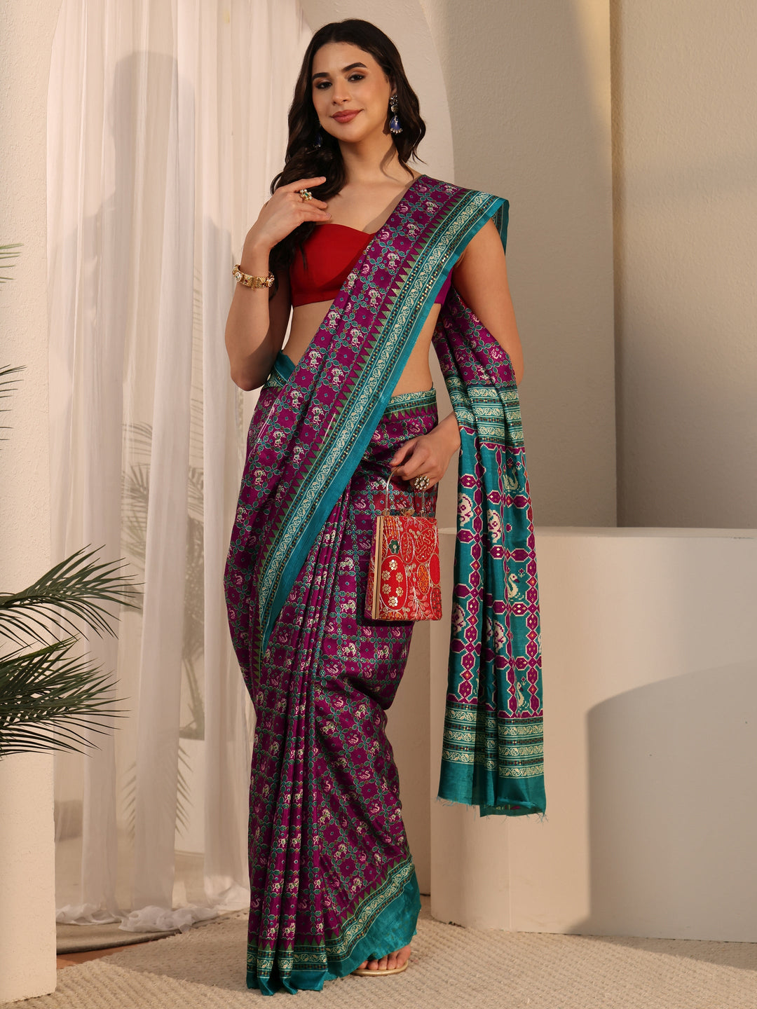 Libas Wine Printed Silk Blend Saree