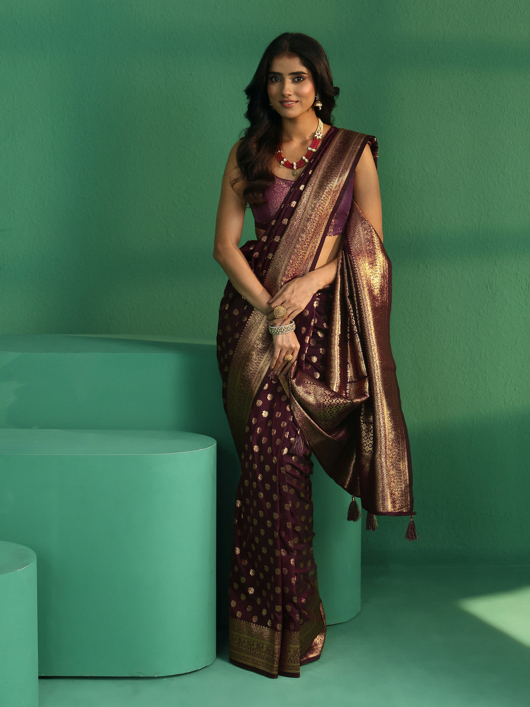 Libas Wine Red Banarasi Silk Blend Saree