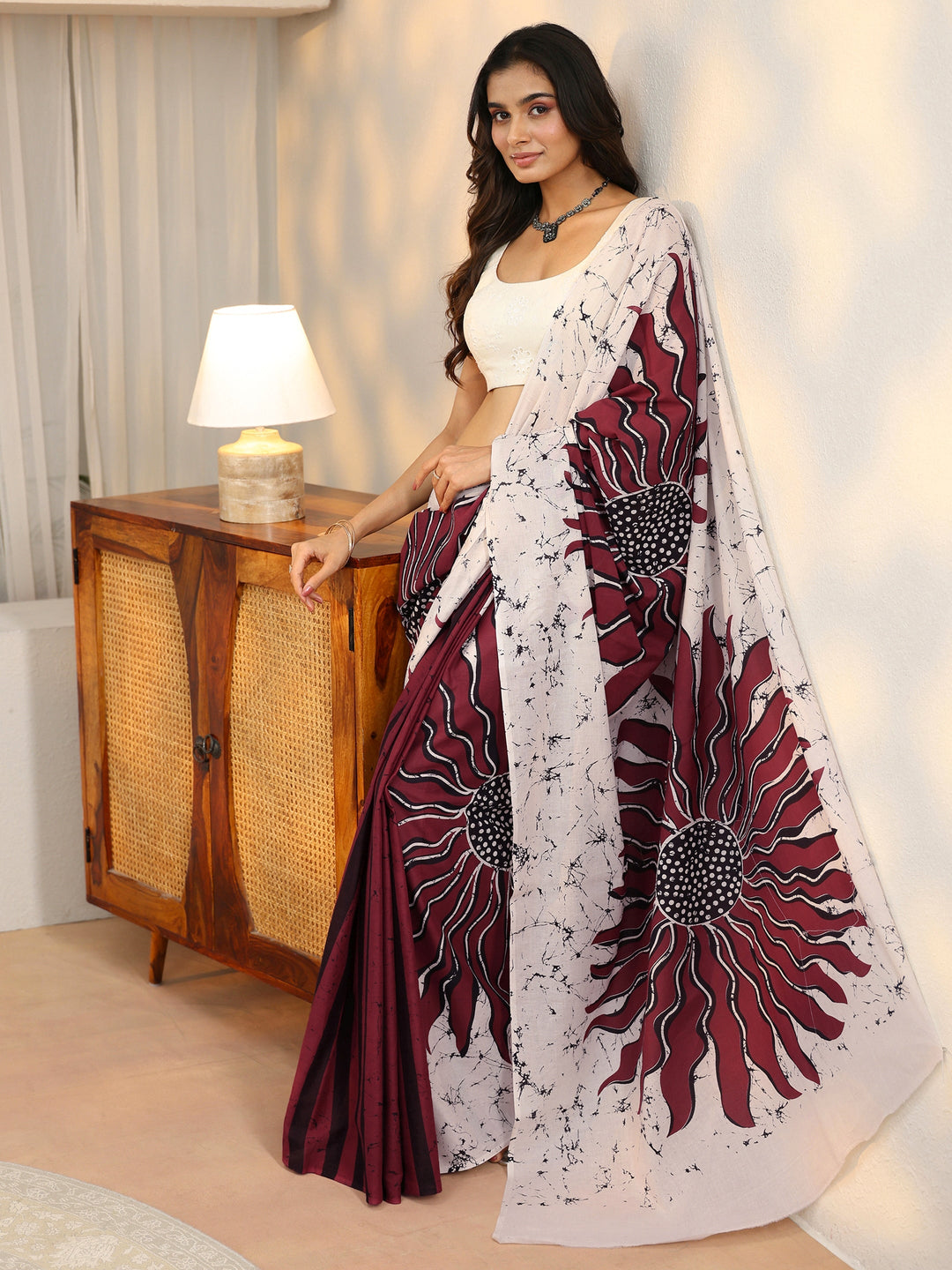 Libas Wine Red Screen Printed Cotton Saree