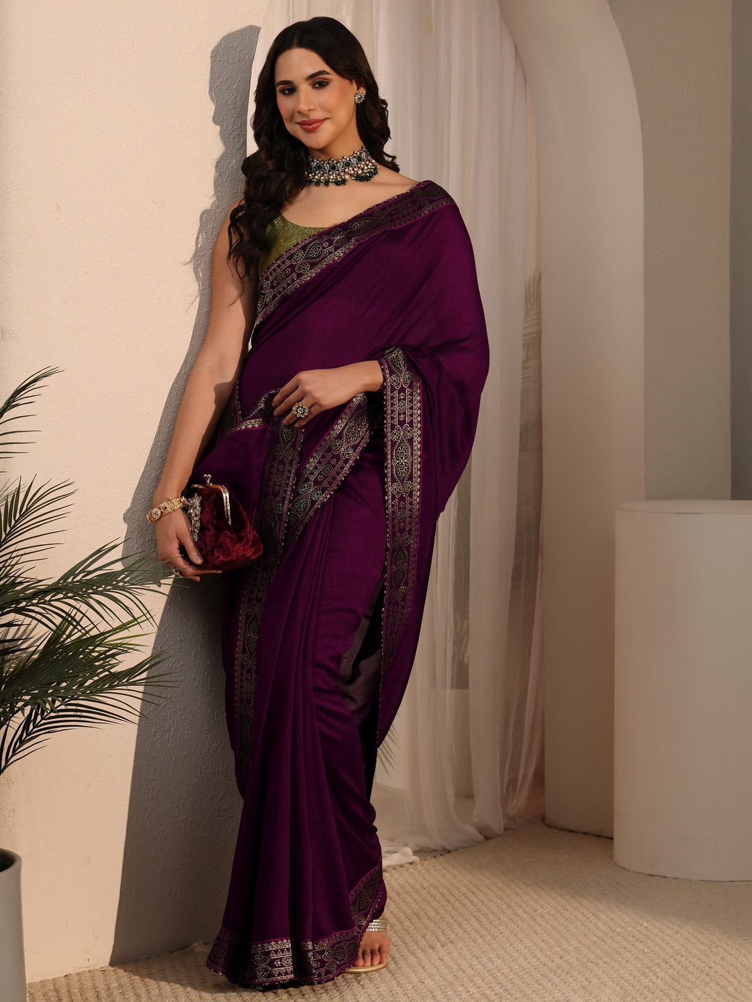 Libas Wine Silk Blend Saree with Woven Border