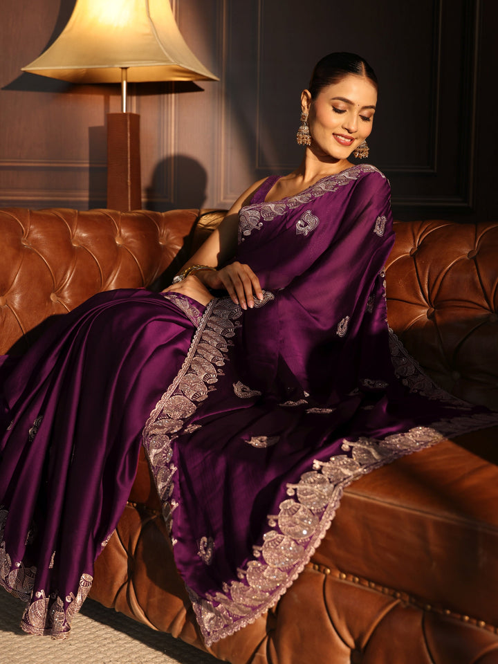 Libas Wine Stone Work Embellished Chiffon Saree