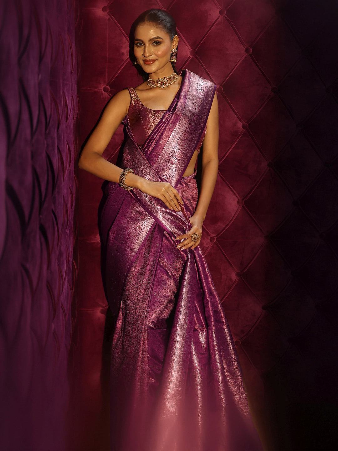 Libas Wine Woven Design Silk Blend Tassel Saree