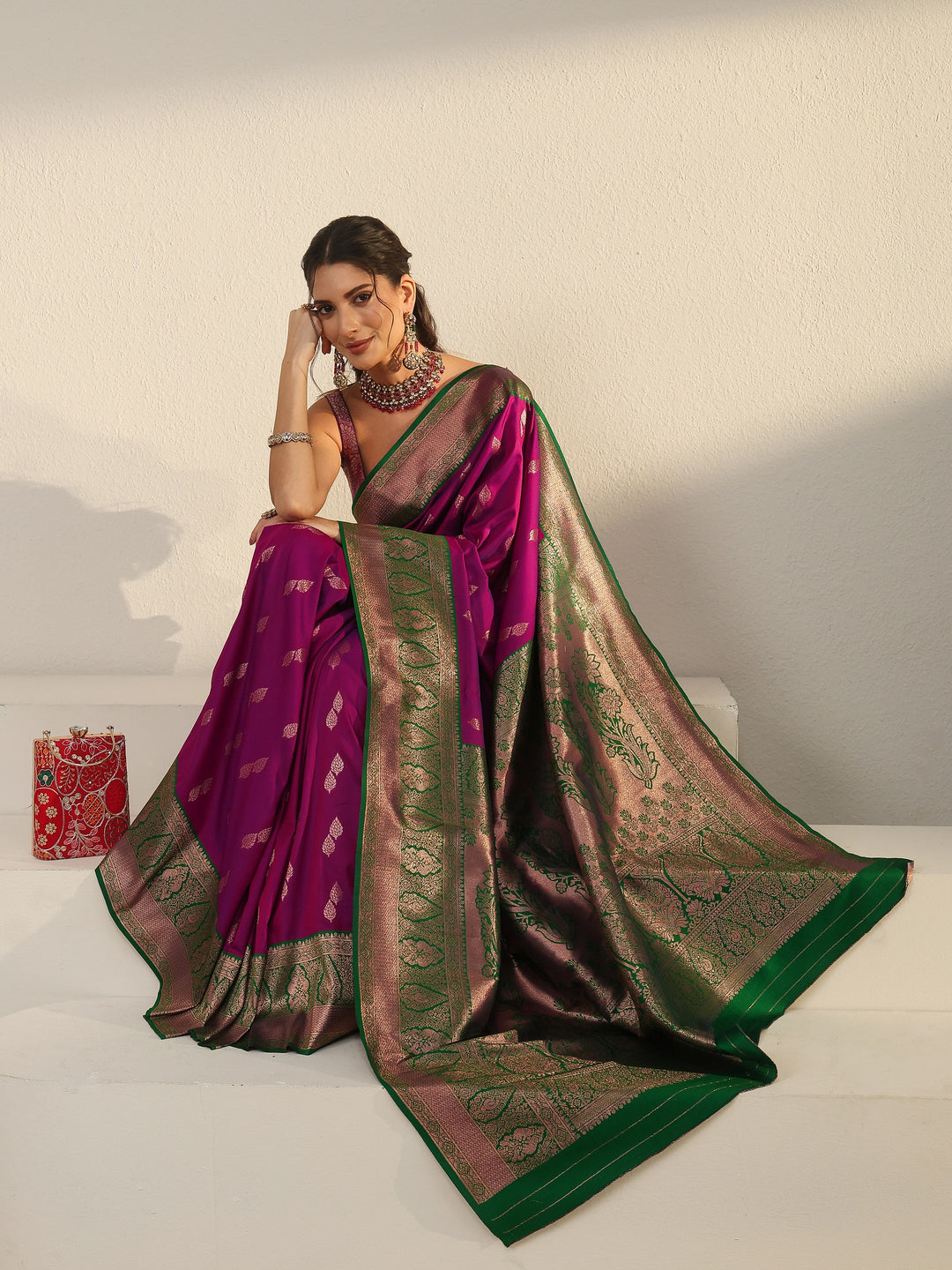Libas Wine and Green Banarasi Silk Blend Saree