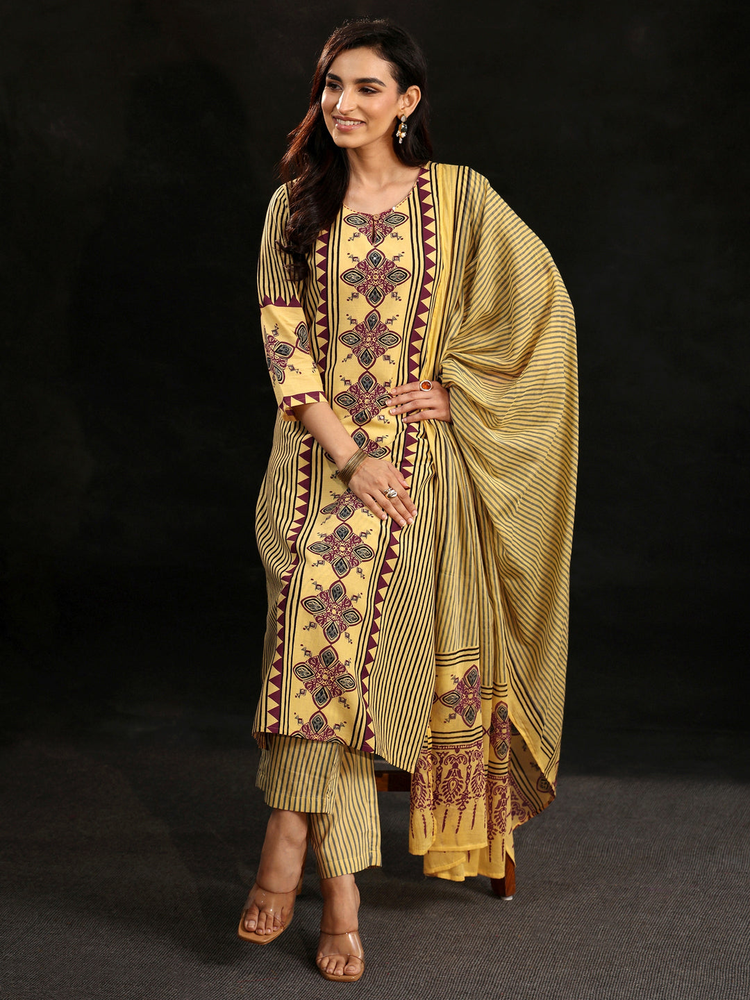 Libas Yellow Ajrakh Printed Cotton Straight Suit Set