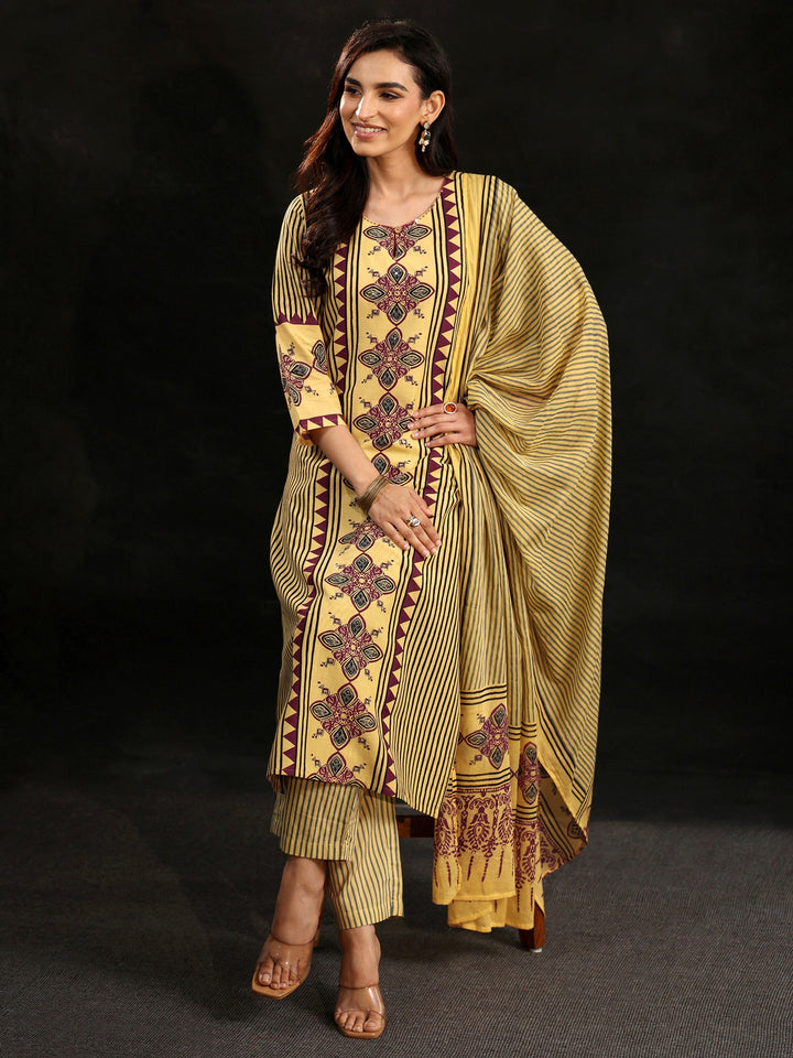 Libas Yellow Ajrakh Printed Cotton Straight Suit Set