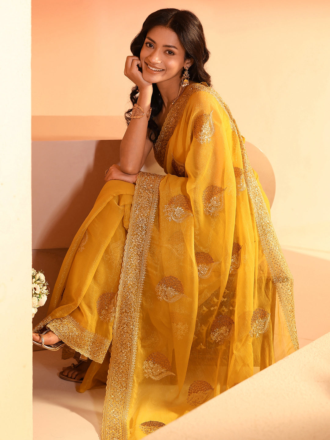 Libas Yellow Embroidered Chiffon Saree
