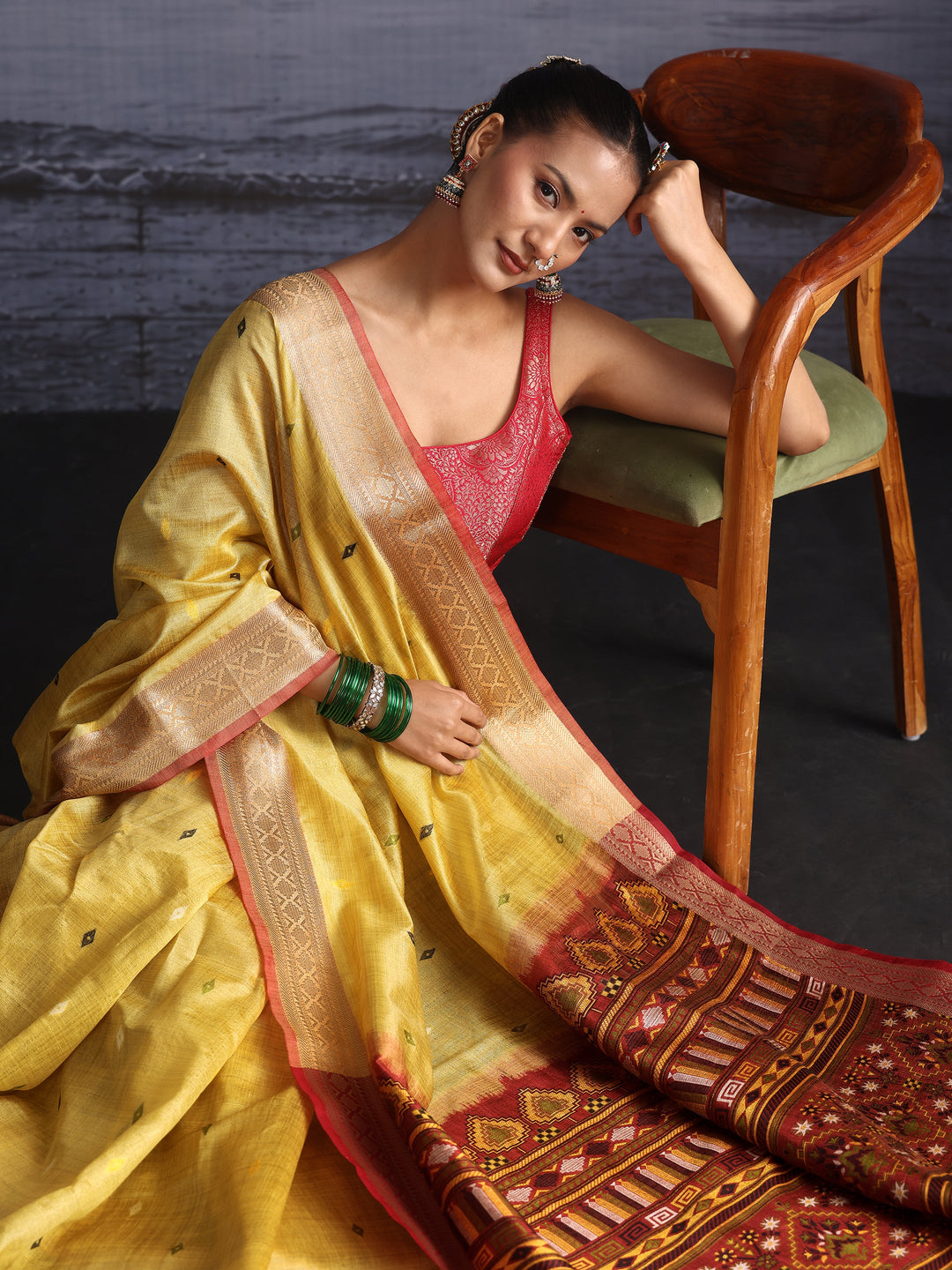 Libas Yellow Embroidered Pallu Silk Blend Saree