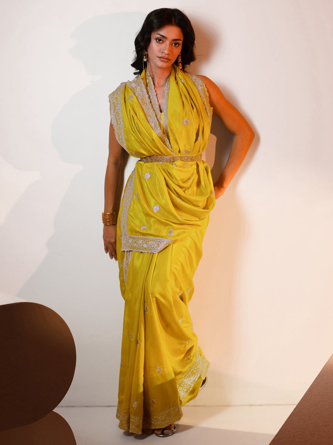 Libas Yellow Embroidered Silk Blend Saree