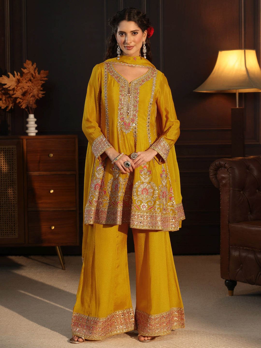 Libas Yellow Floral Embellished Chinon Palazzo Suit Set
