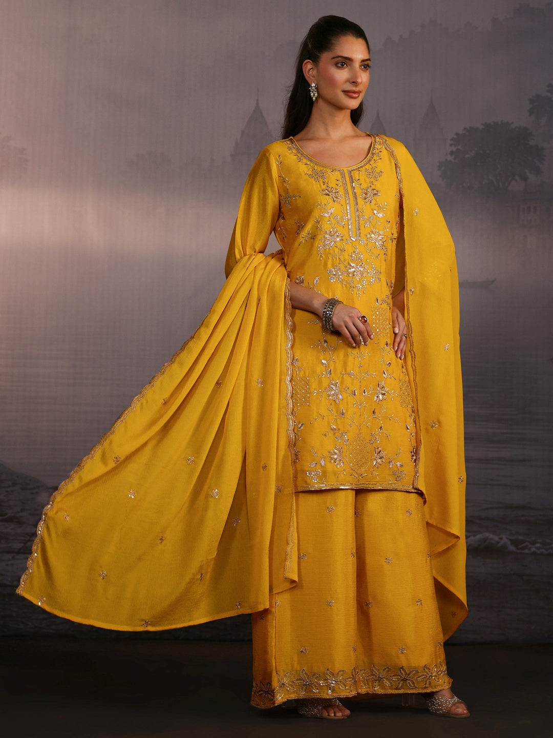 Libas Yellow Floral Embellished Chinon Palazzo Suit Set