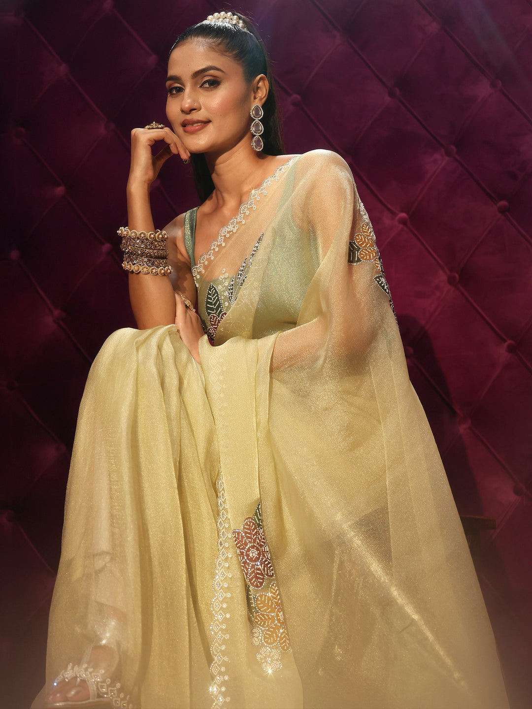 Libas Yellow Floral Embellished Tissue Saree with Scalloped Border