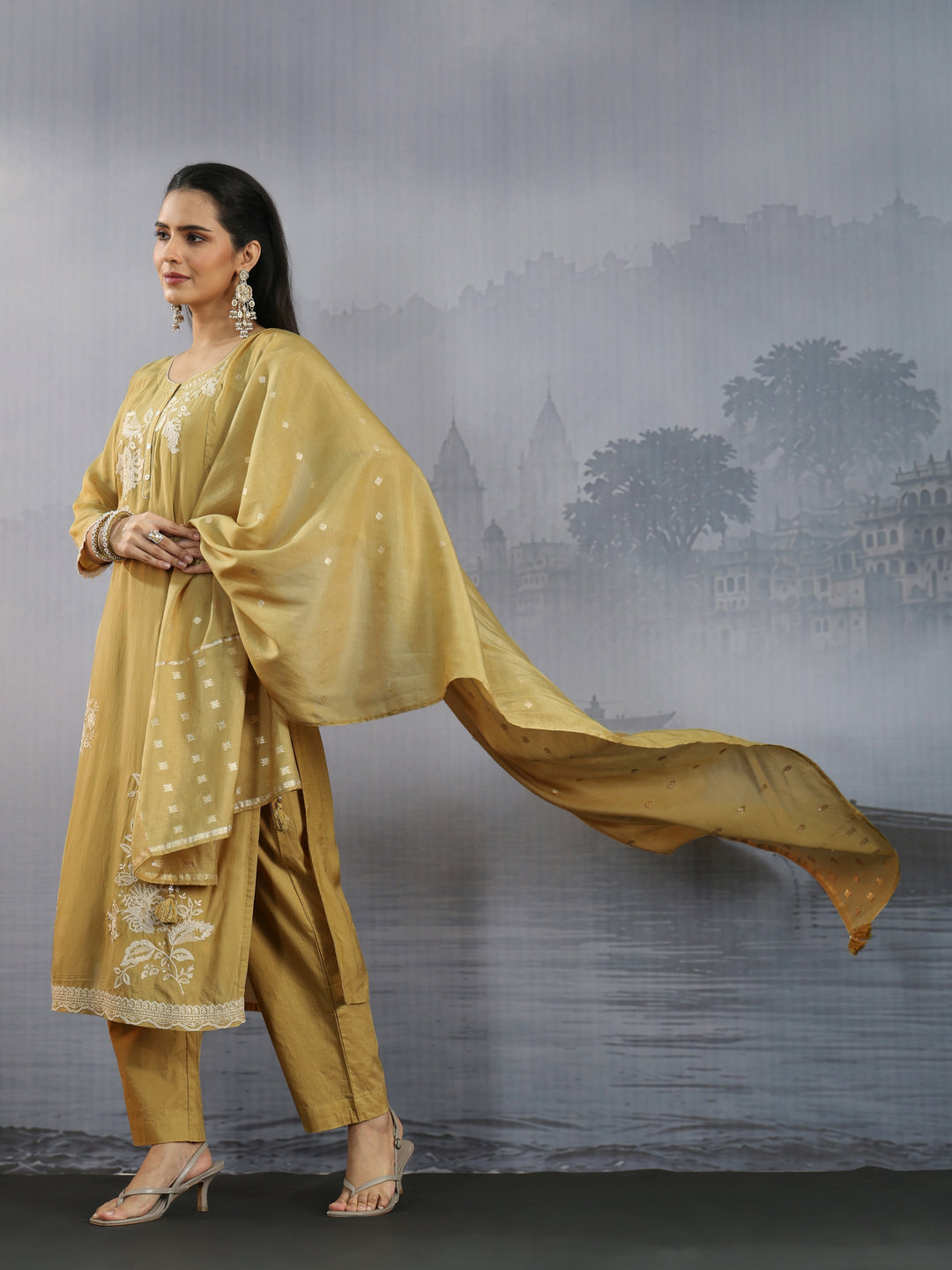 Libas Yellow Floral Embroidered Chanderi Silk Straight Suit Set