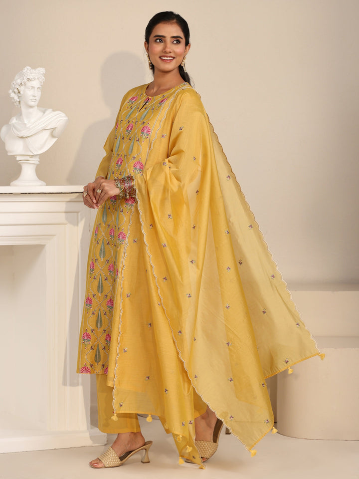 Libas Yellow Floral Embroidered Chanderi Silk Straight Suit Set