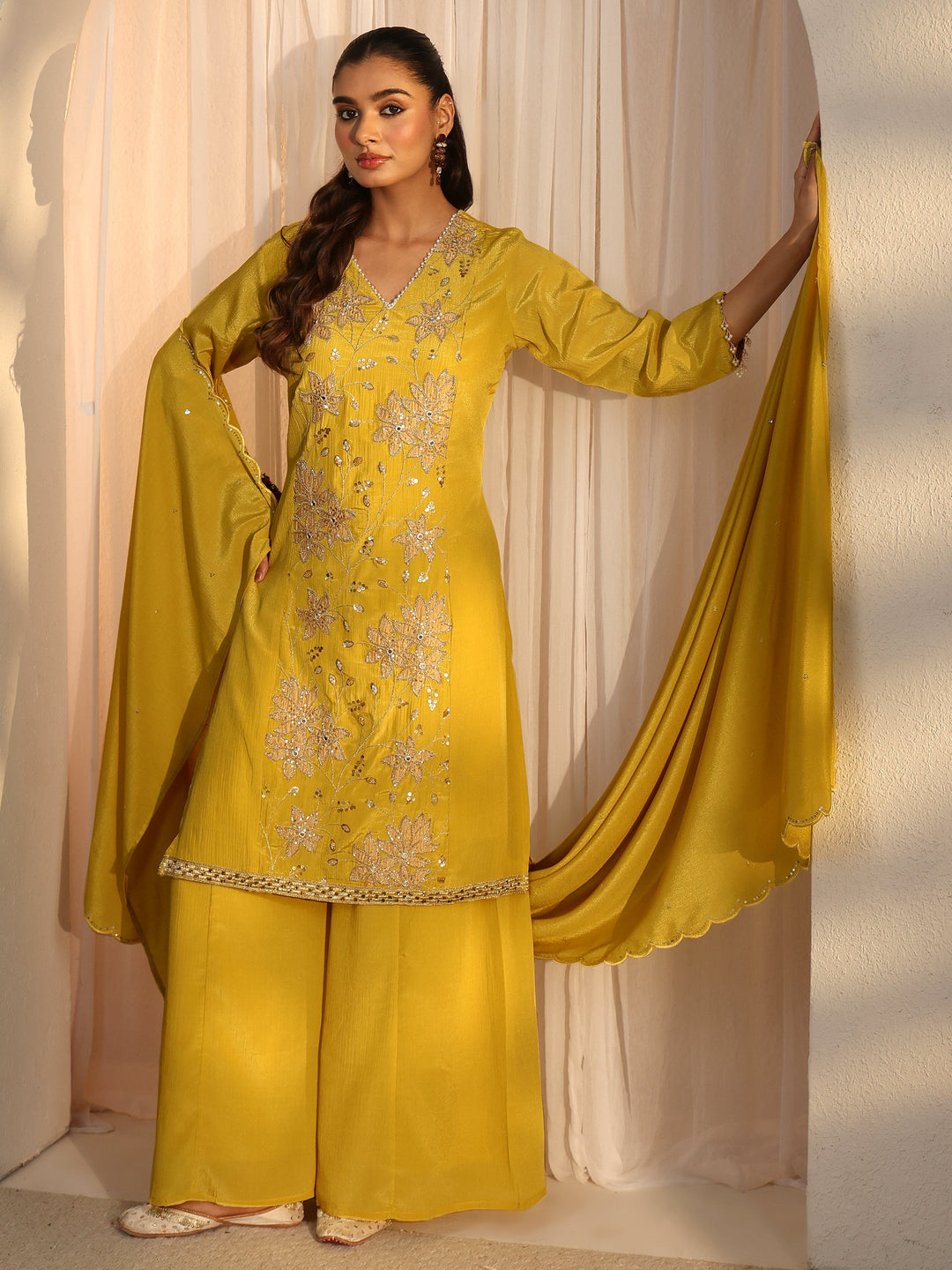 Libas Yellow Floral Embroidered Chinon Palazzo Suit Set