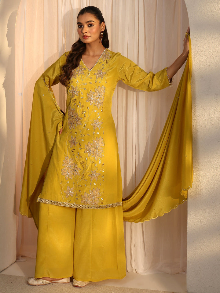 Libas Yellow Floral Embroidered Chinon Palazzo Suit Set