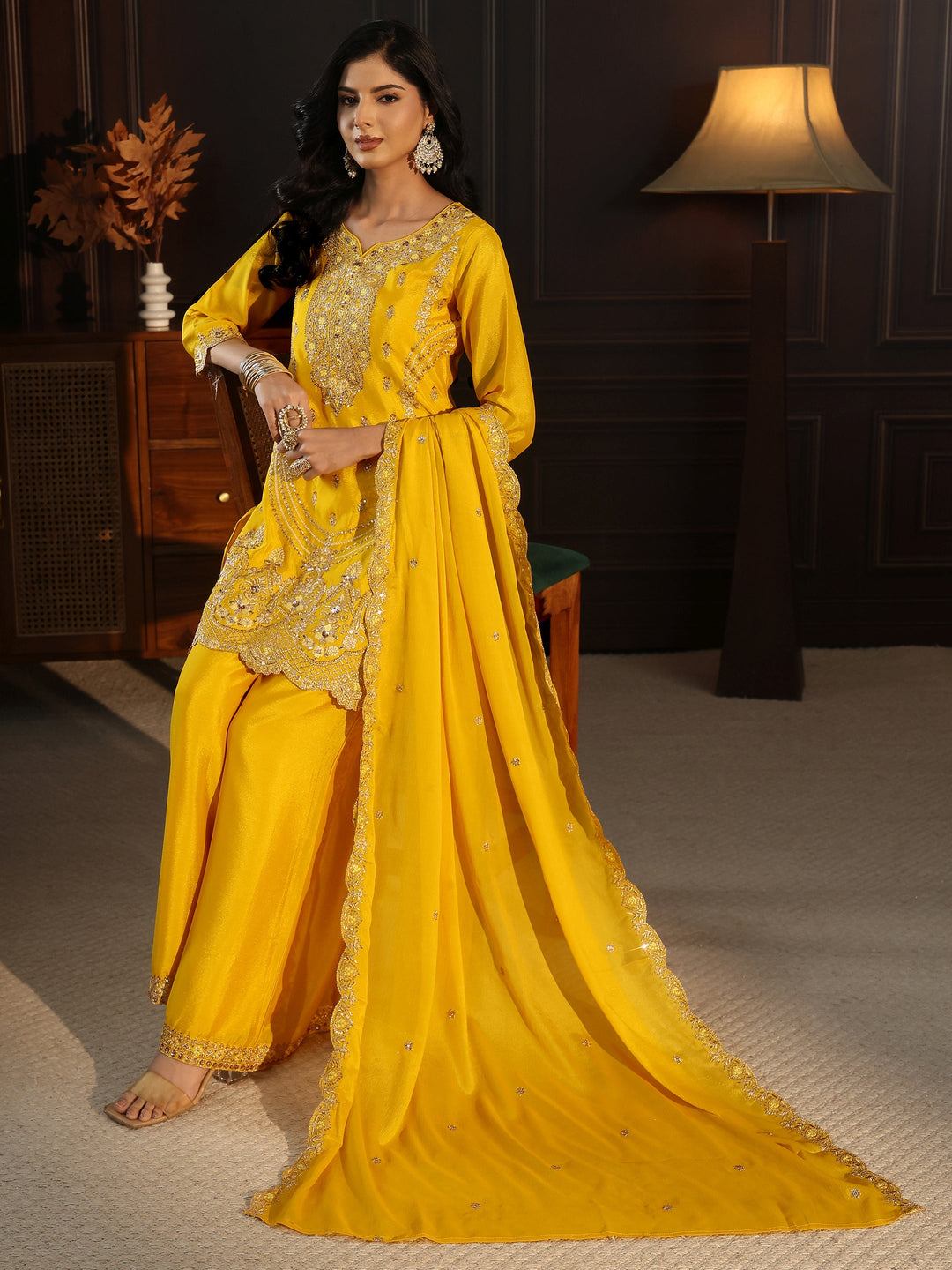 Libas Yellow Floral Embroidered Chinon Palazzo Suit Set