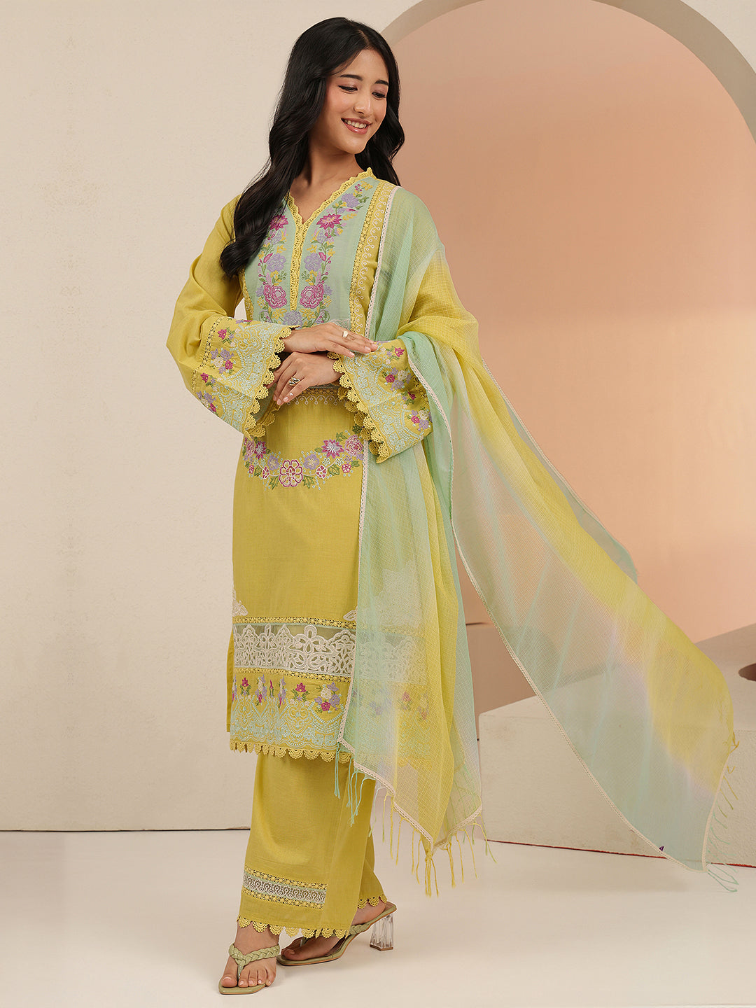 Libas Yellow Floral Embroidered Cotton Straight Suit Set
