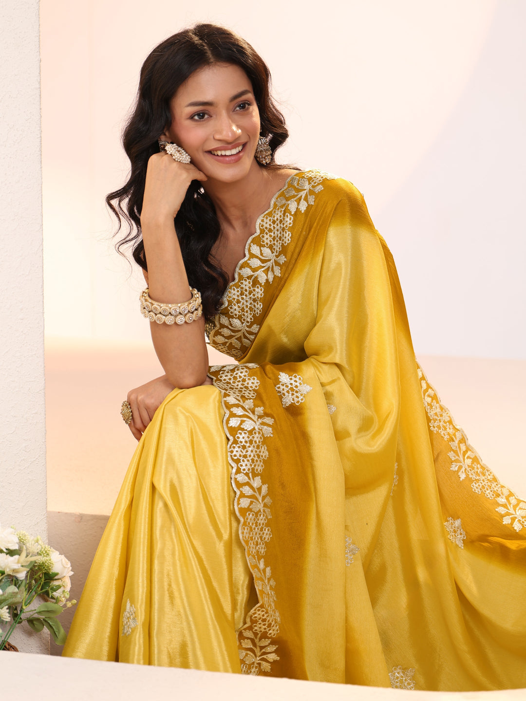 Libas Yellow Floral Embroidered Ombre Silk Blend Saree